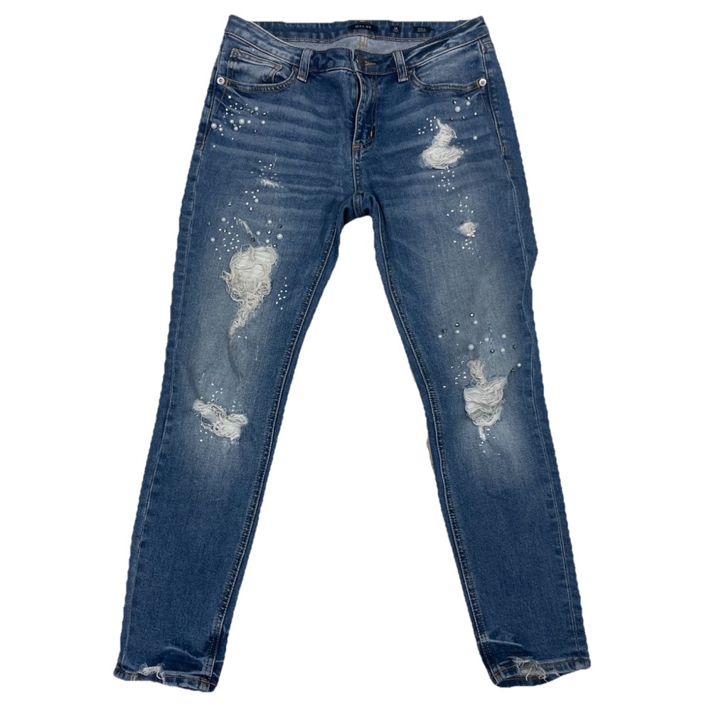 Miss Me Ankle Skinny Distressed Blue Jeans with Pearl Rhinestone Bling 28